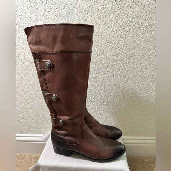 Arturo Chiang WomenTall Riding Boots Pull-On Brown Leather Distressed Side Zip 8 - Picture 1 of 12
